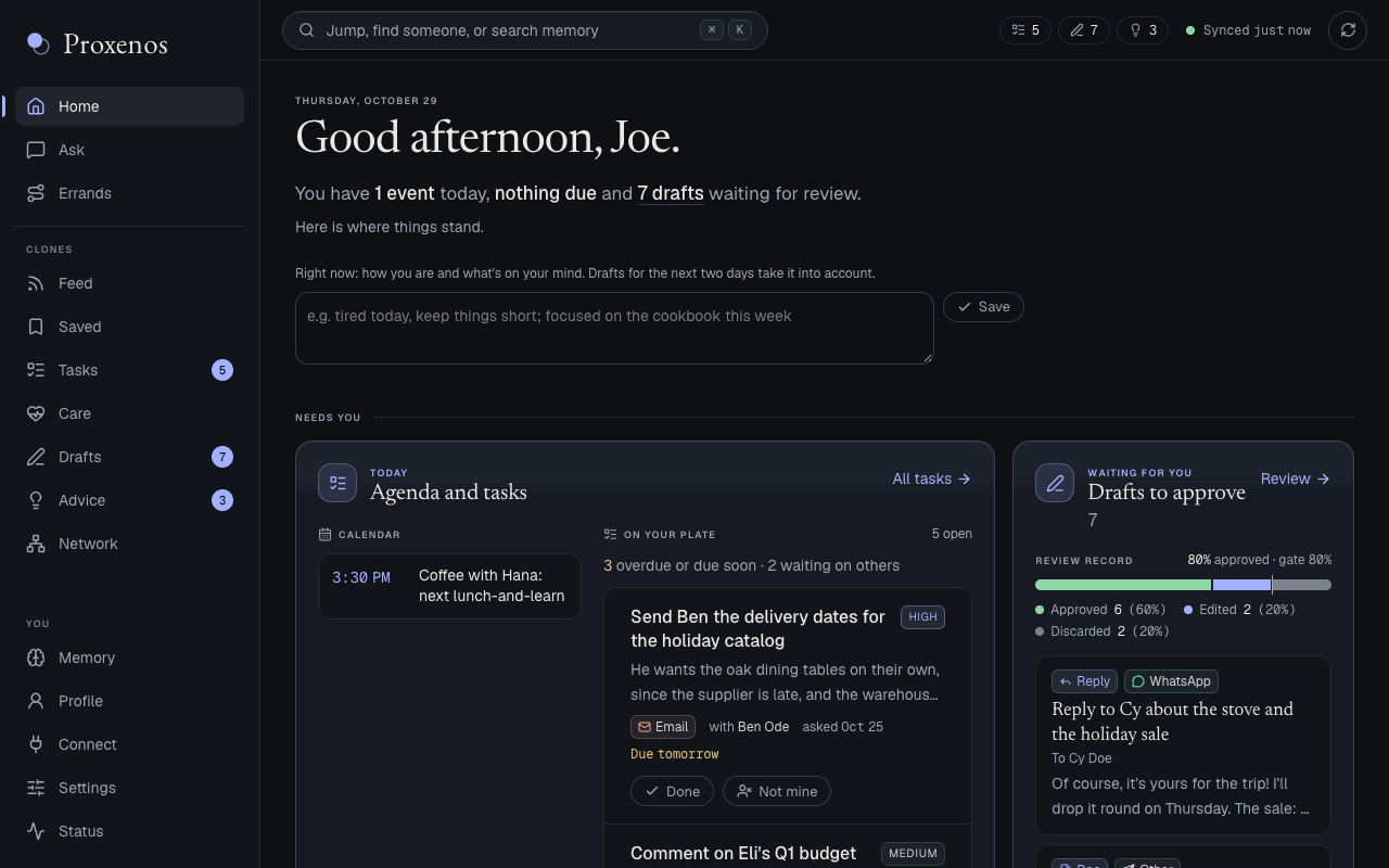 Proxenos's home page for a made-up person: today's agenda, open tasks and drafts waiting for approval